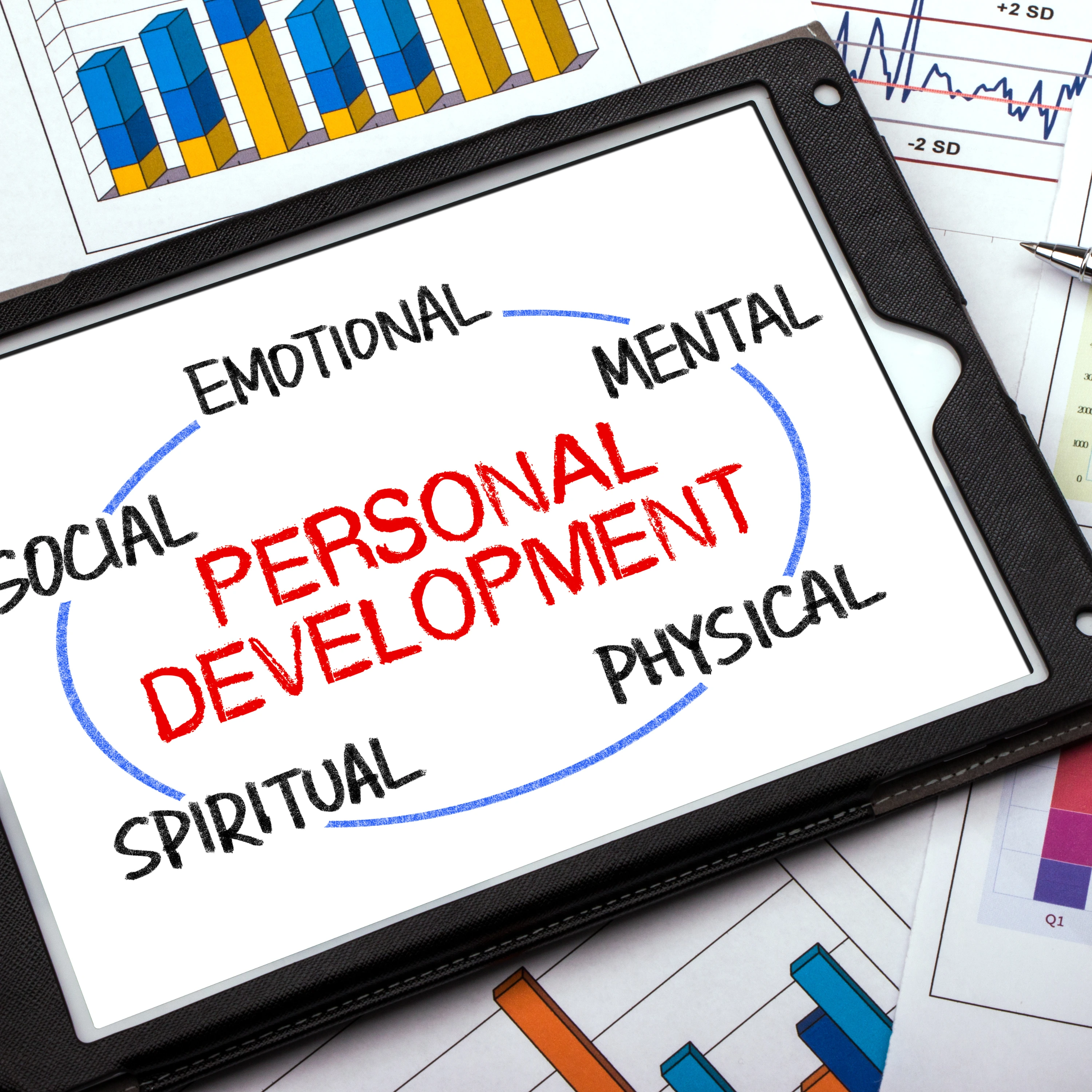Personal development tablet with mental wellness dimensions and personality coaching concept