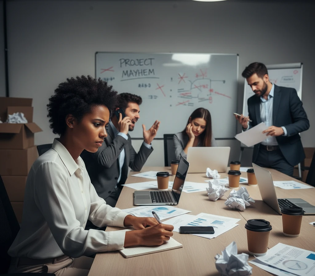 A professional takes notes while observing a chaotic office meeting.