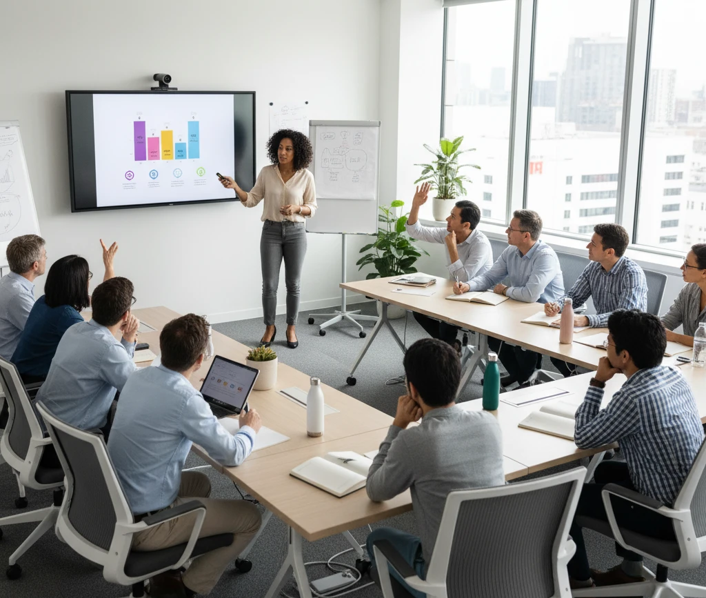 A person leads a workshop in a bright, modern training room with engaged participants.