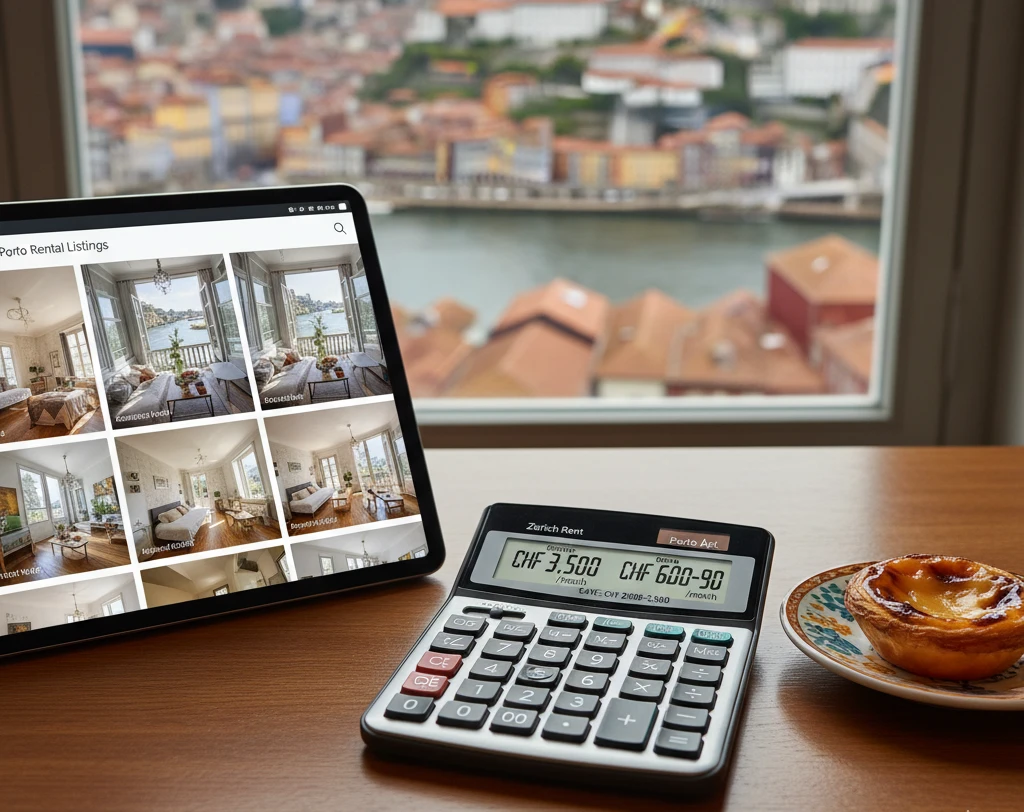 A calculator compares Zurich rent (CHF 3,500) with Porto apartment rental listings (CHF 600-900/month) on a tablet, with a view of Porto in the background.