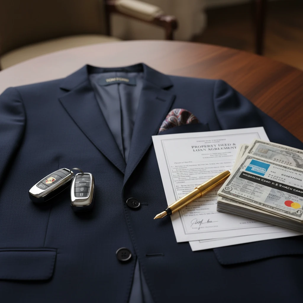 A designer suit, car keys, mortgage documents, and credit card statements laid out.