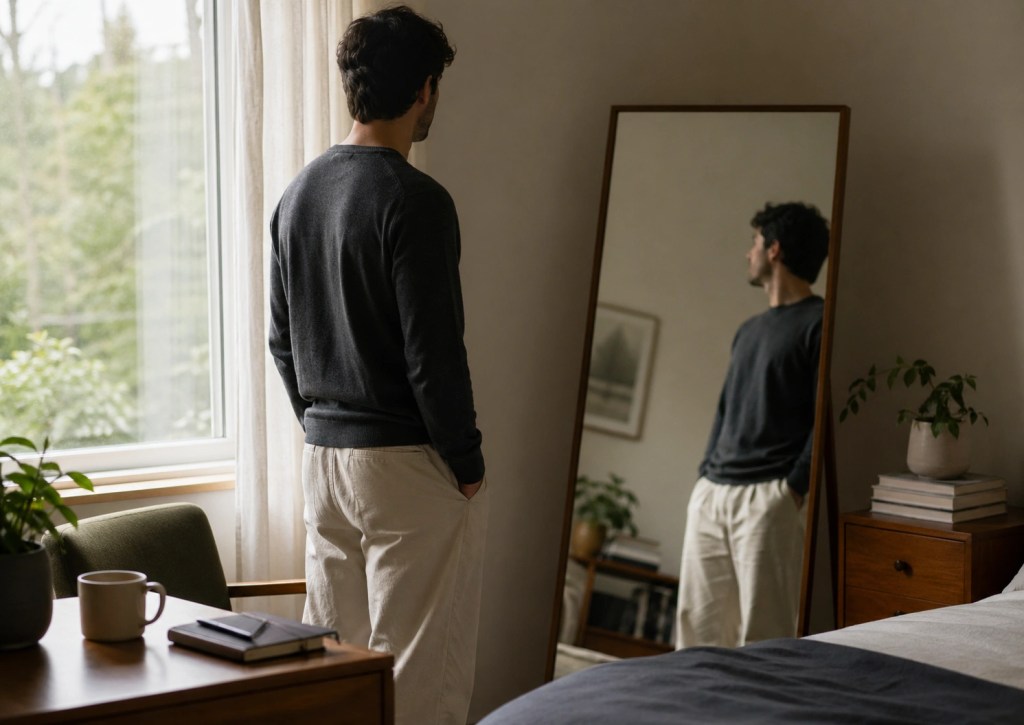 Person standing by a window reflecting on identity and personal change