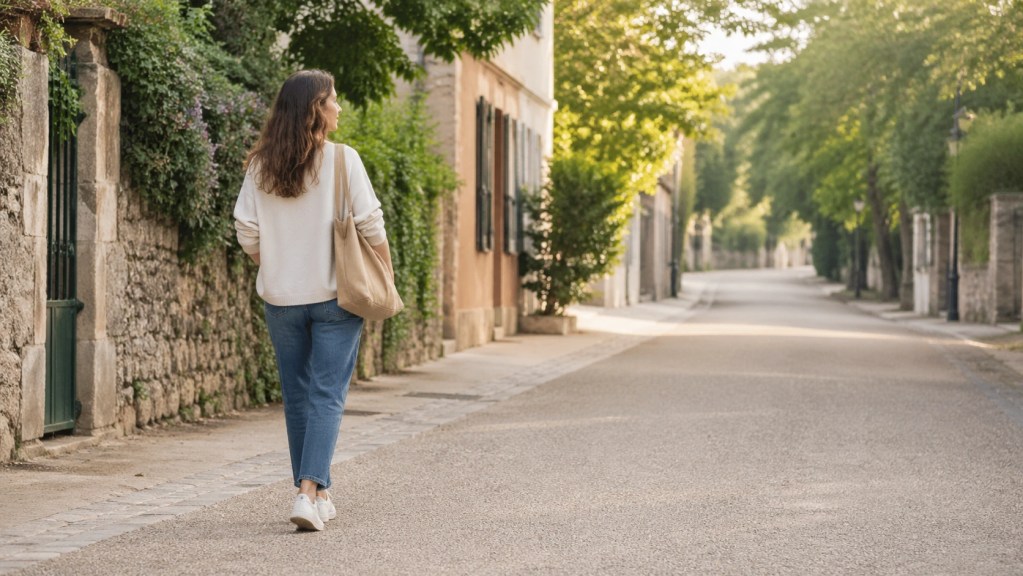 Person walking along a quiet path while thinking about future direction