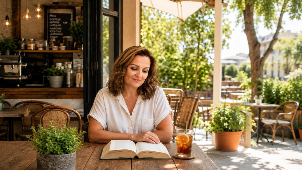 Deborah Hug sitting by a window with a notebook and drink, reflecting.