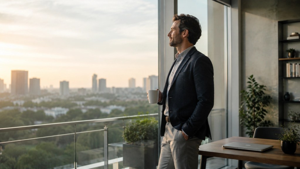 Man looking out of an office window on a bright weekday morning.